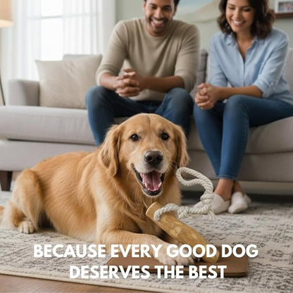 Coffee Wood Dog Chew Toy with Rope for Medium Dogs, Natural Wood Stick for Light to Moderate Chewers, Safe & Long Lasting Chew Toy for Dental Care, Tug Play & Boredom Relief (M - Under 50lbs)