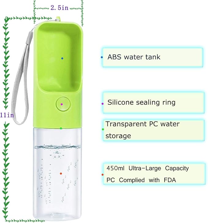 Sofunii Dog Water Bottle for Walking, Portable Pet Travel Water Drink Cup Mug Dish Bowl Dispenser, Made of Food-Grade Material Leak Proof & BPA-Free - 15oz Capacity (Green) …