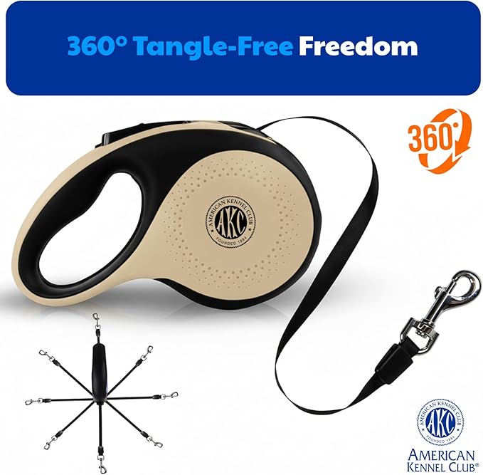 American Kennel Club Heavy Duty Retractable Dog Leash, 16.4ft, Tangle-Free, Ergonomic Grip, One-Hand Brake, for Medium & Large Dogs up to 110 lbs Tan