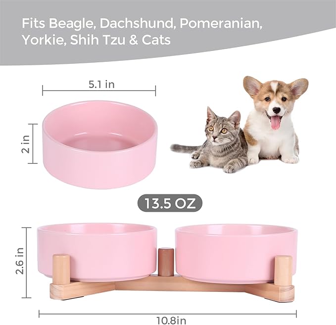 Ceramic Dog Bowl and Cat Bowls Set with 15° Adjustable Wood Stand, Non-Slip Weighted Pet Food and Water Bowls, Dual Raised Feeder for Small Dogs, Matte Glaze Pet Dish 13.5oz Set of 2 (Soft Pink)