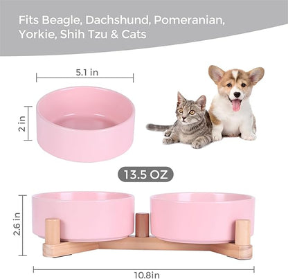 Ceramic Dog Bowl and Cat Bowls Set with 15° Adjustable Wood Stand, Non-Slip Weighted Pet Food and Water Bowls, Dual Raised Feeder for Small Dogs, Matte Glaze Pet Dish 13.5oz Set of 2 (Soft Pink)