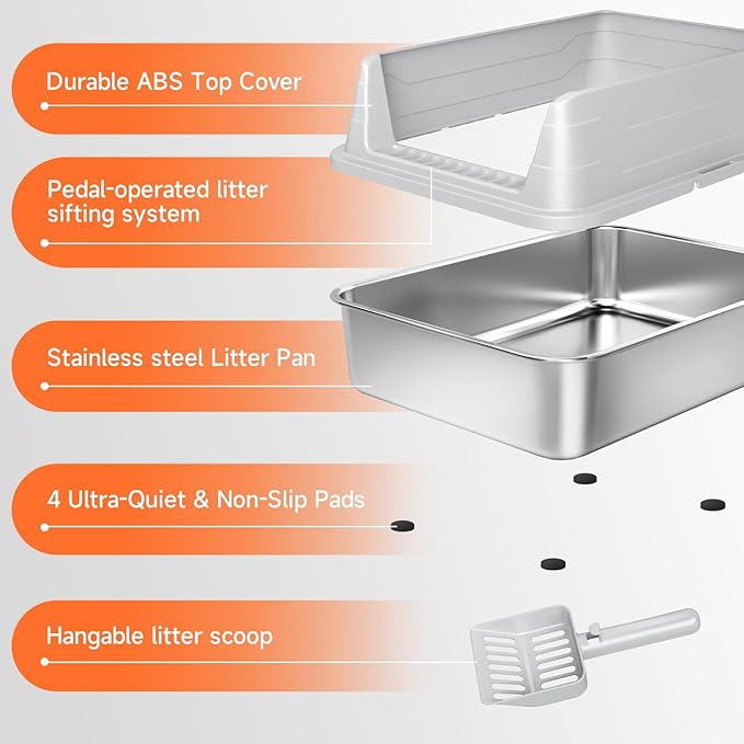 Stainless Steel Cat Litter Box, Odor Free Metal Litter Box with High Sides Lid, Open Top Low Entry Litter Pan Include Scoop Easy Cleaning Anti-Scratch Kitty Cat Box Anti-Urine Leakage, Non-Sticky, M