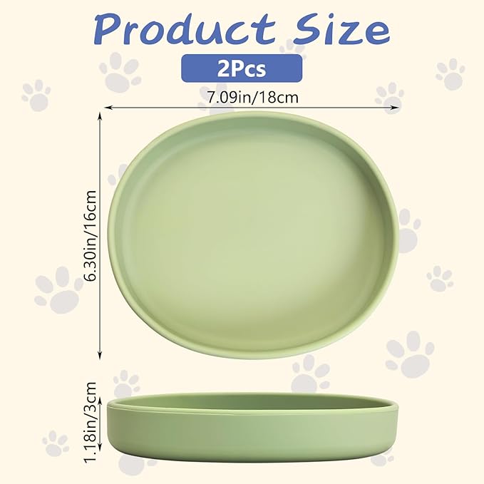 Fhiny 2 PCS Silicone Cat Food Bowls Shallow Dog Bowl 7" Non-Slip Pet Feeding Dishes for Dry and Wet Food Whisker Fatigue Cat Plates for Kitten Puppy and Small Pets(Green)