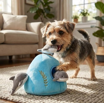 MODERN WAVE - Interactive Squeaky Plush Hide and Seek Squirrel Type Puzzle Toy for Dogs, Medium Size (Ocean and Dolphins)
