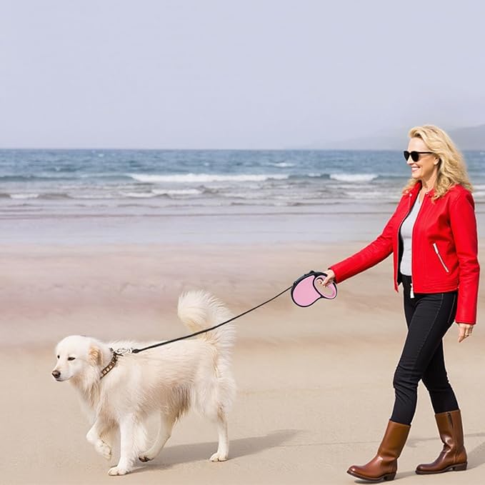 Retractable Dog Leash,16 Ft Dog Retractable Leash,with Anti Slip Handle,Strong Nylon Tape No Tangle,One Handed Brake,Pause,Lock,Suitable for Small and Medium Sized Dogs（Pink）