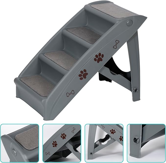 Pet Stairs for Small Dogs and Cats 4-Step Portable Folding Dog Steps Anti-Slip Ladders for High Bed Couch Sofa Climbing, Gray