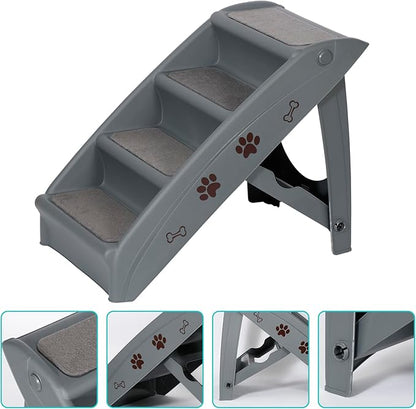 Pet Stairs for Small Dogs and Cats 4-Step Portable Folding Dog Steps Anti-Slip Ladders for High Bed Couch Sofa Climbing, Gray