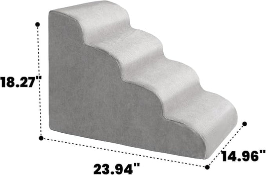MEWANG Dog Stairs for Small & Medium Dogs and Old Cats –3/4/ 5 Steps High-Density Foam Pet Ramp for Bed & Couch, Non-Slip, Washable Cover, Grey (Round Corner, 4 Steps: 23.94''L×14.96''W×18.27''H)