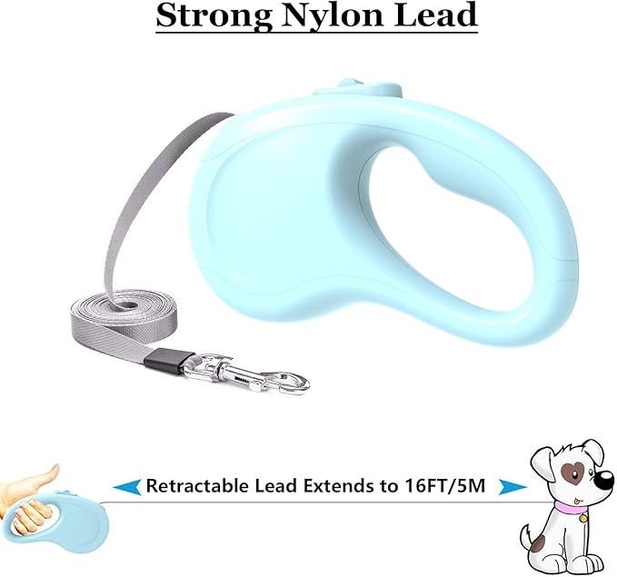 Retractable Dog Leash, 16Ft/5M Light Weight Retractable Leash for Small Medium Dogs/Cats Up to 50lbs, Strong Nylon Tape 360° Tangle-Free One-Hand Brake (Blue)