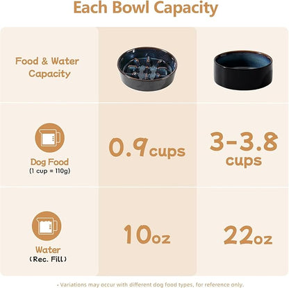 Ceramic 0.9 Cup Raised Slow Feeder Dog Food and Water Bowl Set, Elevated 6.1inch Bowl and 6.1inch Dish with Acacia Wood Stand for Small Dogs (2 x Starry Sky+ Stand)