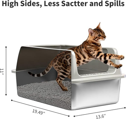 Kirecoo 2 Pack Stainless Steel Litter Box with Lid, Large Enclosed Metal Cat Litter Box Pan High Sided, Easy Clean Anti-Leakage Litterbox Tray for Indoor Big Cats, Kittens or Multicat, Scoop Included