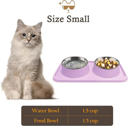 Cat Bowls for Food and Water, Upgrade Cat Food Bowls for Indoor Cats, Premium Removable Stainless Steel Double Bowls with Silicone Anti-Slip Pads, Water Bowl for Cats and Dog (Pink Purple)