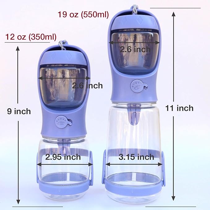 Dog Water Bottle with Food Container Holder, Travel Puppy Drinking Bowl, Portable Pet Water Dispenser, Patented Design, Food Grade Plastic 19 oz Water Bottle+100g Snack cans