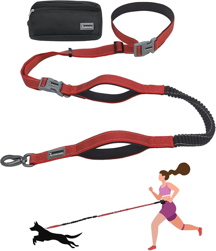 Hands Free Dog Leash with Zipper Pouch & Waist Belt – Reflective Durable Bungee Leash with Dual Padded Handles for Walking, Jogging & Running, Fits Small to Large Dogs (Red)