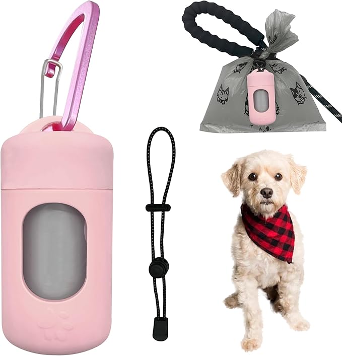Dog Poop Bag Dispenser for Leash with Snap Clip, Skin-friendly Texture Waste Bag Holder for Dog Walks and Cats, Pets Litter Bag Container, Indoor & Outdoor Use (Pink, 1)