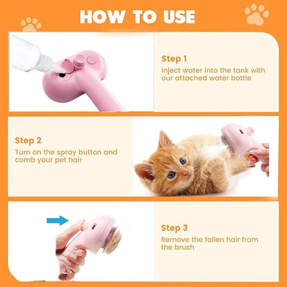 Cat Steam Brush with Release Button, 3-in-1 Steam Grooming Brush for Shedding, Hair Removal tool for Dogs & Cats, Self Cleaning Spray Comb with Mist for Long Haired Pets