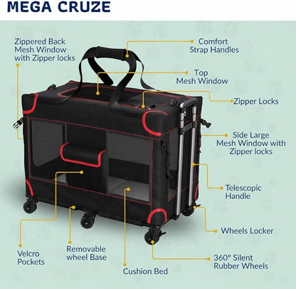 MegaCruze Rolling Pet Carrier for Medium & Large Dogs 25”x17”x20”. Lockable Wheels Zipper Locks Telescopic Handle Breathable Mesh, Removable Wheel Base, Stress-Free Travel Outdoor and Indoor