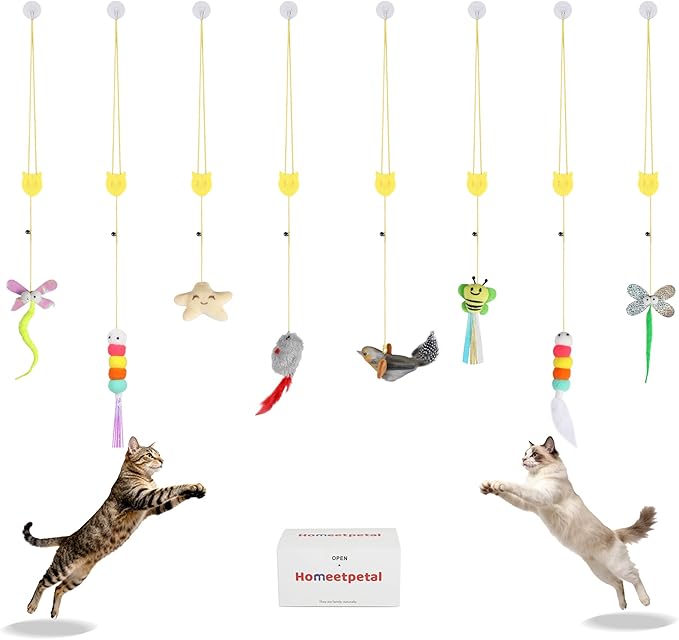 Interactive Feather Cat Toy 8-Piece Set | Indoor Hanging Elastic Rope with Adjustable Height,Delivers Diverse Stimulation for Cats' Play, Jumping & Boredom Relief