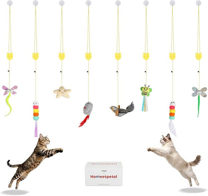 Interactive Feather Cat Toy 8-Piece Set | Indoor Hanging Elastic Rope with Adjustable Height,Delivers Diverse Stimulation for Cats' Play, Jumping & Boredom Relief