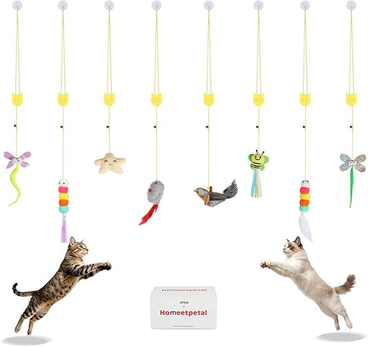 Interactive Feather Cat Toy 8-Piece Set | Indoor Hanging Elastic Rope with Adjustable Height,Delivers Diverse Stimulation for Cats' Play, Jumping & Boredom Relief