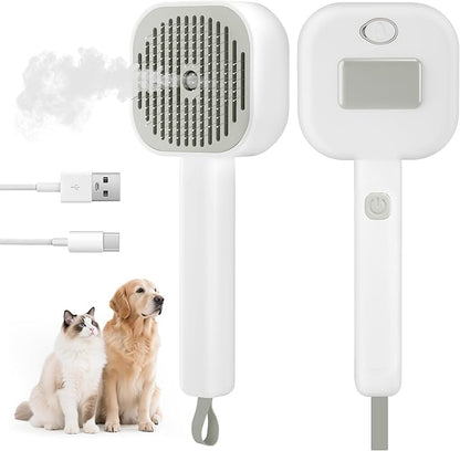 4 in 1 Cat Steam Brush - Self Cleaning Pet Steam Brush for Cat & Dog - Cat Brushes for Shedding with Quiet Motor - Elimination Flying Hair - Keep Your Clothes & Home Clean, White-Gray