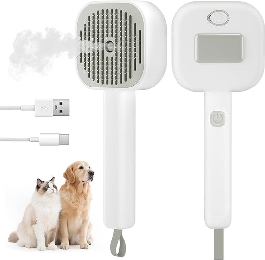 4 in 1 Cat Steam Brush - Self Cleaning Pet Steam Brush for Cat & Dog - Cat Brushes for Shedding with Quiet Motor - Elimination Flying Hair - Keep Your Clothes & Home Clean, White-Gray