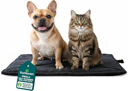 FurHaven ThermaNAP Self Warming Cat Mat, Dog Bed for Crates with Self-Warming Technology for Cozy Rest, Fully Machine Washable, Small, Plush Faux Fur, Black