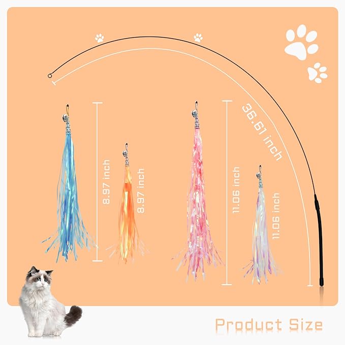 Andiker Cat Wand Toy with 2 PCS 12 Inches Replaceable Colorful Rainbow Tassels and Little Bells Funny and Interesting Cat Toys for Indoor Cats Keeping Fit (4 Tassles, Count, 5)