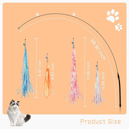 Andiker Cat Wand Toy with 2 PCS 12 Inches Replaceable Colorful Rainbow Tassels and Little Bells Funny and Interesting Cat Toys for Indoor Cats Keeping Fit (4 Tassles, Count, 5)