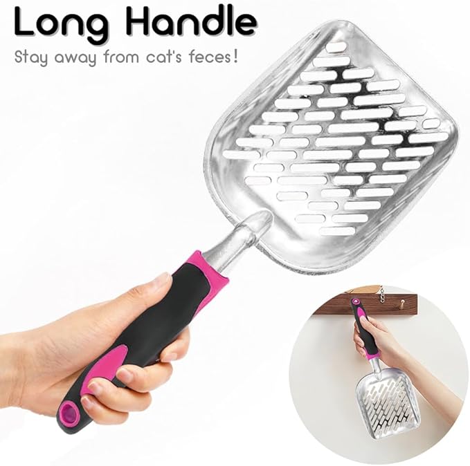 Cat Litter Scoop-Metal Cat Scooper-Long Handle Scoop,Cat Scooper-Poop Sifting-Mesh Shovel-Suitable for Cat Litter Box, (Rose Red)-Christmas
