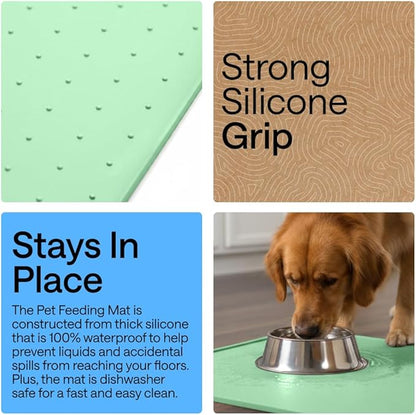 GORILLA GRIP 100% Waterproof Raised Edge BPA Free Silicone Pet Feeding Mat, Dog Cat Food Mats Contain Spills Protects Floors, Placemats for Cats and Dogs Water Bowl, Pets Accessories 18.5x11.5 Mint
