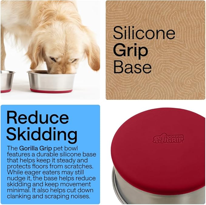 GORILLA GRIP Dog Bowls, Food Grade 304 Stainless Steel, Holds 1 Cup Each (8 fl oz) Food and Water Bowl for Feeding Dogs and Cats, Dishwasher Safe, Rust Resistant, BPA Free Rubber Base Set of 2 Red