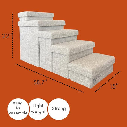 5-Step Dog Stairs for Small, Medium Dogs with Storage Box - Durable Folding Pet Steps, Padded Lid and Container; Dog Steps for Bed and Couch + Hair Brush Gift (Off White, Large, 5.0)