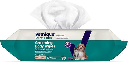 Vetnique DermaBliss Pet Wipes for Dogs & Cats for Grooming, Cleansing & Deodorizing, Thick Dog Wipes for Convenient Dog Cleaning and Natural Pet Odor Eliminator, 100ct (Unscented)