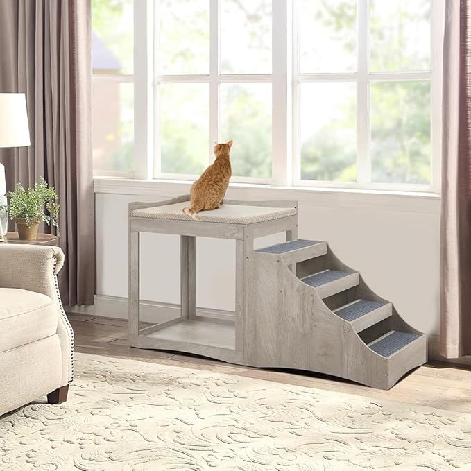 unipaws Large Pet Bunk Bed with Removable Step for Dogs and Cats, Multi-Level Bed Window Perch Seat Platform with Cushion, Indoor Use