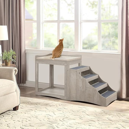 unipaws Large Pet Bunk Bed with Removable Step for Dogs and Cats, Multi-Level Bed Window Perch Seat Platform with Cushion, Indoor Use