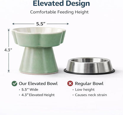 Ceramic Elevated Slow Feeder Cat Bowl, Raised and Gently Tilted Feeding Dish with Maze Design, Whisker-Friendly, Easy to Clean, for Indoor Cats and Small Dogs (Green/Ivory)