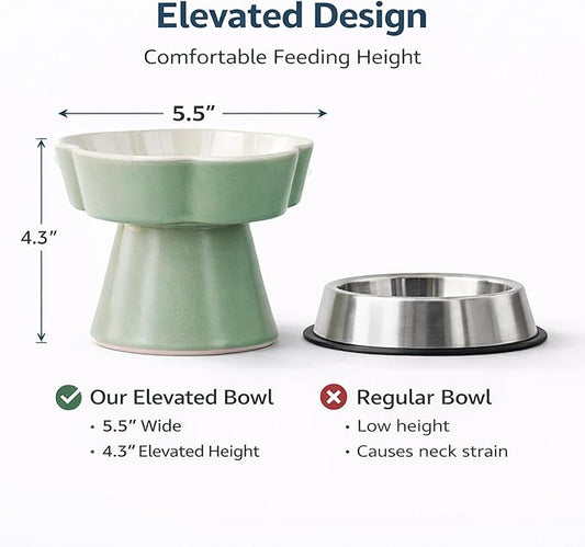 Ceramic Elevated Slow Feeder Cat Bowl, Raised and Gently Tilted Feeding Dish with Maze Design, Whisker-Friendly, Easy to Clean, for Indoor Cats and Small Dogs (Green/Ivory)