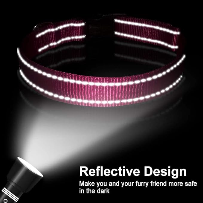 FunTags Reflective Dog Collar, Sturdy Nylon Collars for Medium Girl and Boy Dogs, Adjustable Dog Collar with Quick Release Buckle, Pink
