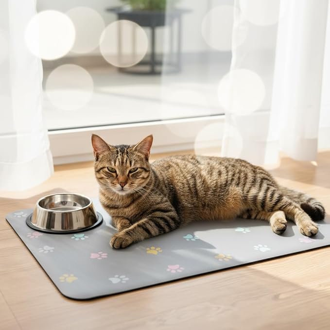 Cat Food Mat Absorbent Dog Mat for Food and Water Non Slip Quick Dry Dog Bowl Mats for Floors 19" X 12" Paw Light Gray