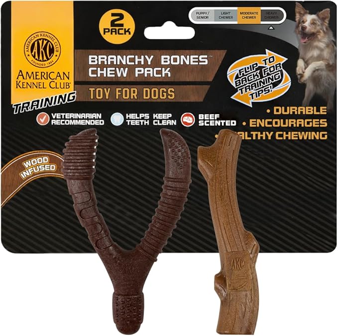 American Kennel Club 2 Pack Training Dog Chew Toy, Wood-Infused PP Assorted Dog Toys, Durable Toys for Moderate Chewers, Beef Scented for Long-Lasting Engagement, Supports Dental Health