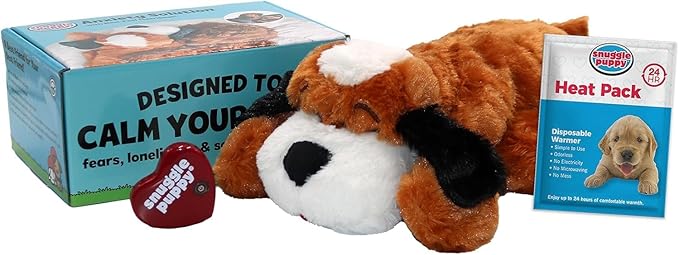 Snuggle Puppy Heartbeat Dog Toy for Puppies, Real-Feel Heartbeat, Calming Sleep Aid and Crate Training Comfort Toy with Heat Pack, Brown & White Beagle