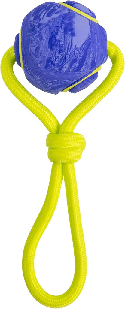 Outward Hound FlyFetch Ball Tug Dog Toy, Durable Rubber & Rope for Fetch and Tug-of-War, Lightweight, Floats, 9" x 3"