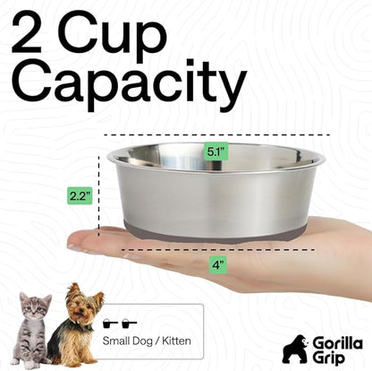 GORILLA GRIP Dog Bowls, Food Grade 304 Stainless Steel, Holds 2 Cups Each (16 fl oz) Food and Water Bowl for Feeding Dogs and Cats, Dishwasher Safe, Rust Resistant, BPA Free Rubber Base Set of 2 Beige