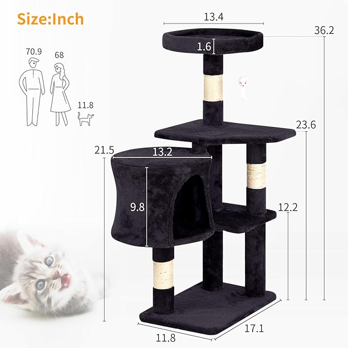 BestPet | 36" Cat Tree Tower | Dark Gray | Sturdy Multi-Level Cat Tree with Plush Condo, Cozy Perch, Sisal Scratching Posts, Hanging Toy and Stable Frame | Easy Assembly | for Kittens & Adult Cats