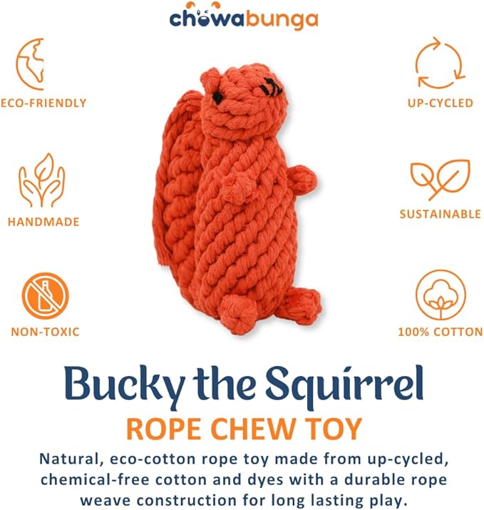 Bucky The Squirrel Dog Toy Handmade Eco Cotton Rope Squirrel Toy for Dogs - Natural, Non-Toxic Dyes, Dog Chew Toys for Small & Medium Breed Dogs, Cats (Small)