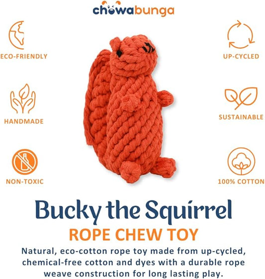 Bucky The Squirrel Dog Toy Handmade Eco Cotton Rope Squirrel Toy for Dogs - Natural, Non-Toxic Dyes, Dog Chew Toys for Small & Medium Breed Dogs, Cats (Small)