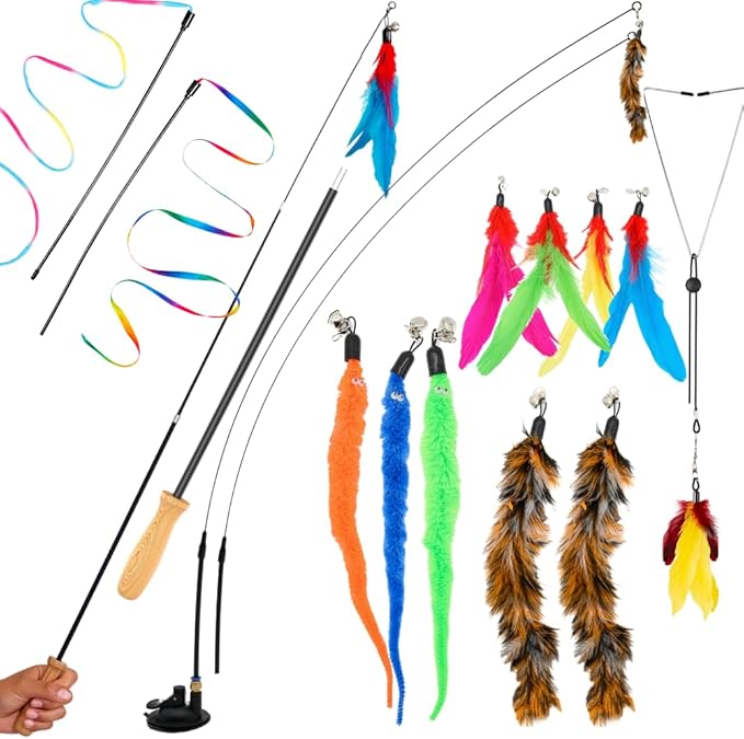 Interactive Cat Toys for Indoor Cats - Retractable Fishing Pole Teaser Wand - Suction Cup Window Mount - Hanging Door Bouncer - 9 Feather Attachments - Bored Adult Feline Activity - Kitten Juguetes