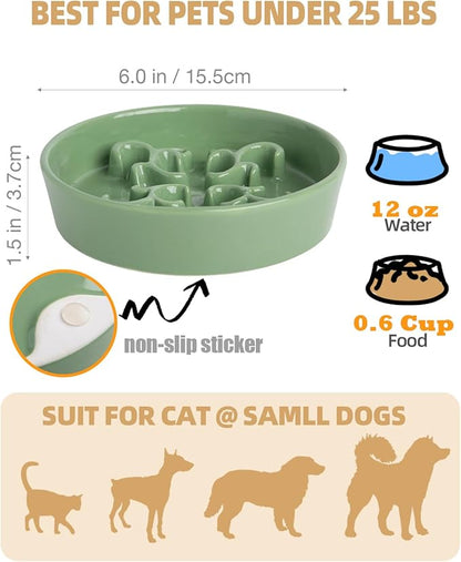 Slow Feeder Dog Bowl, 0.6 Cups Ceramic Dog Food Dish for Fast Eaters Small Breed, Puzzle Bowl for Small Dogs and Cats(Green)