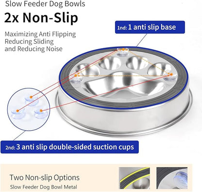 Slow Feeder Dog Bowls, 304 Stainless Steel Metal Slow Feeder Dog Bowl, Suction Cup Anti Flip,2X Non-Slip,2-4 Cups, for Small & Medium Breed（Weighs 0.45 pounds）